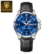 POEDAGAR 855 silver case blue dial leather watch