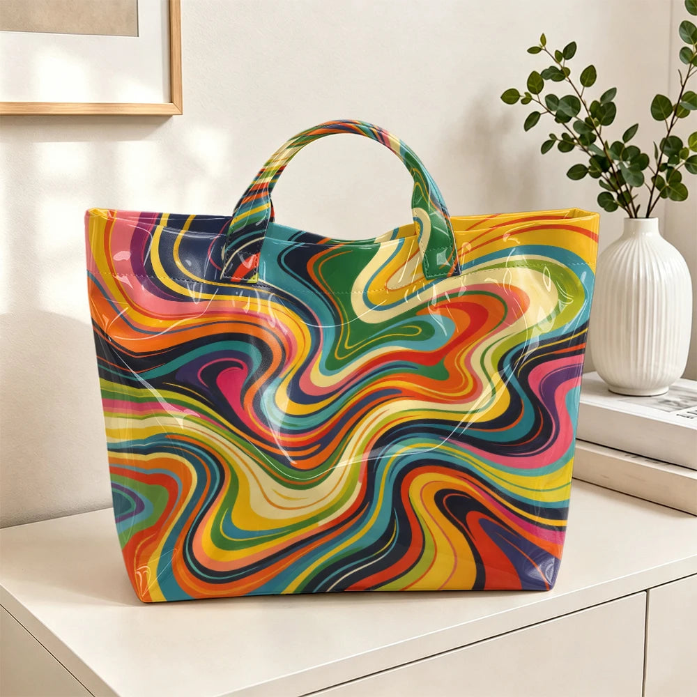 Retro Rainbow Swirl Tote Bag for Women – Psychedelic Marble Print Glossy Large Capacity Handbag with Clear Outer Layer