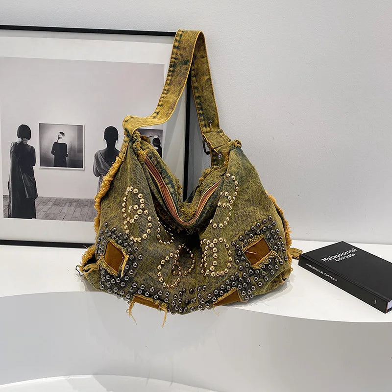 Vintage Distressed Denim Hobo Bag for Women – Large Capacity Studded Shoulder Bag, Y2K Boho Crossbody Tote