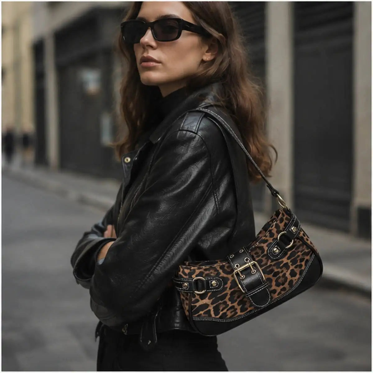 Y2K Leopard Print Underarm Shoulder Bag for Women Retro Buckle Splicing PU Leather Baguette Handbag Trendy Ladies Street Hobo Purse Daily Party