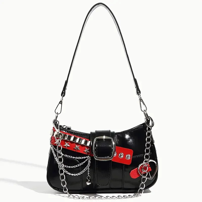Y2K Gothic Punk Shoulder Bag for Women – Black & Red Chain Hobo Purse with Star Studs, Buckle & Heart Detail, Retro Underarm Handbag