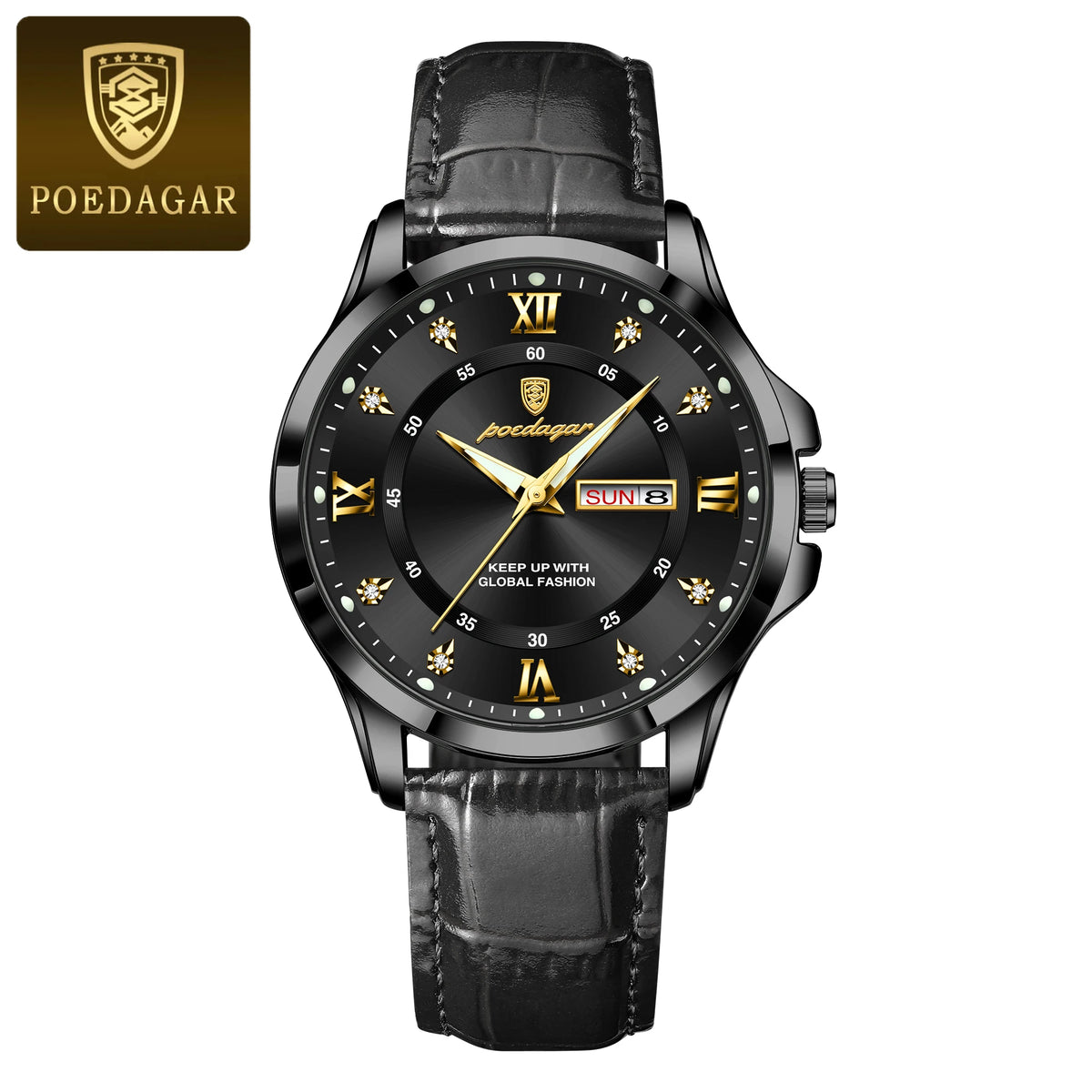 POEDAGAR 855 black case black dial leather watch