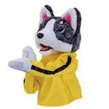 Gray-and-white husky hand puppet in yellow boxing outfit