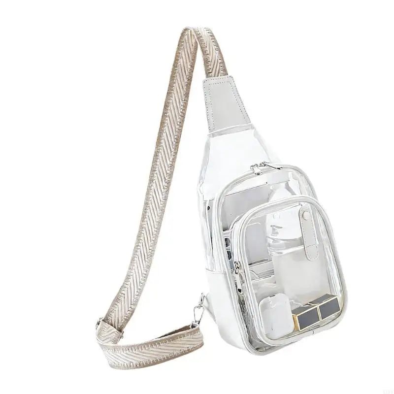 A clear plastic sling bag with a beige and white herringbone-patterned shoulder strap, shown on a solid white background.