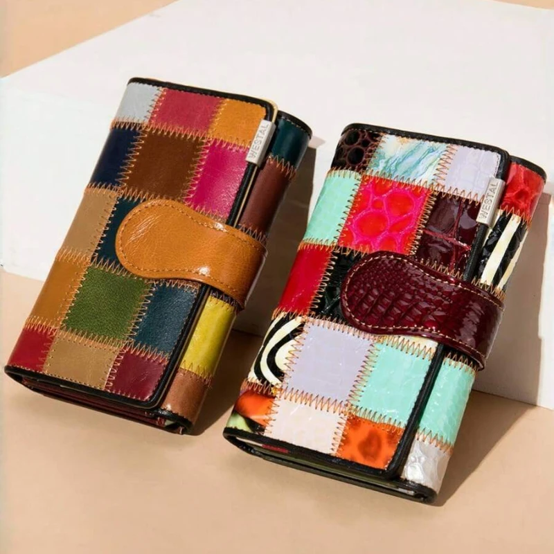 Colorful Patchwork Leather Wallet for Women – Multi Card Organizer, Snap Closure Coin Purse & Bifold Wallet