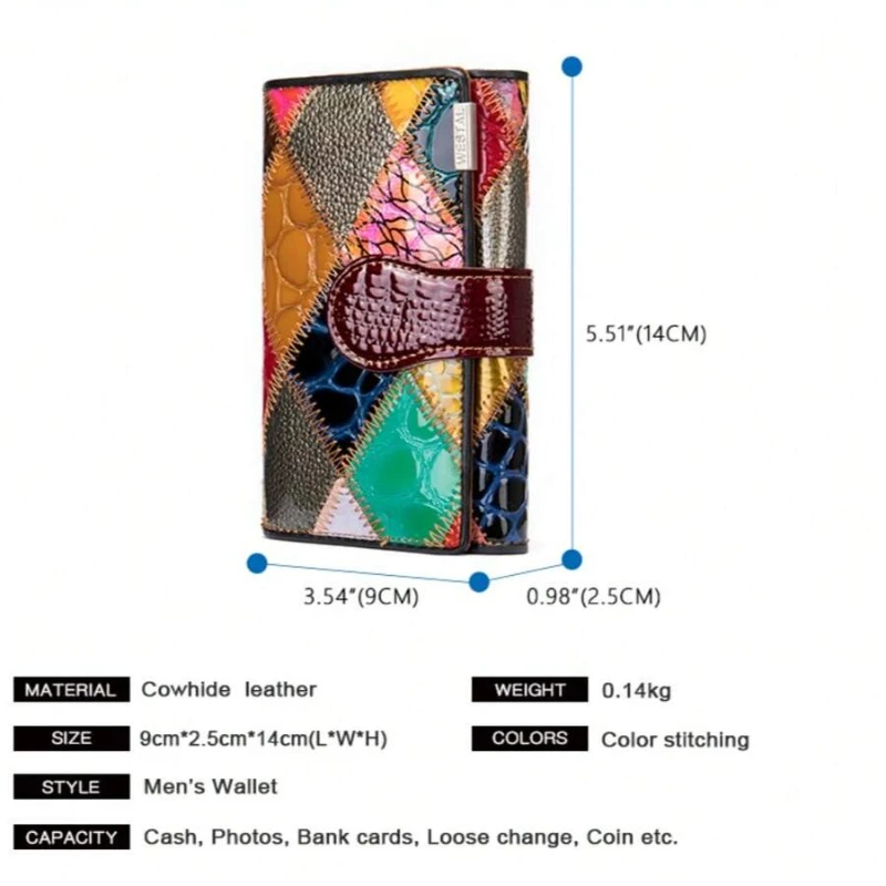 Colorful Patchwork Leather Wallet for Women – Multi Card Organizer, Snap Closure Coin Purse & Bifold Wallet