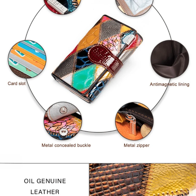 Colorful Patchwork Leather Wallet for Women – Multi Card Organizer, Snap Closure Coin Purse & Bifold Wallet