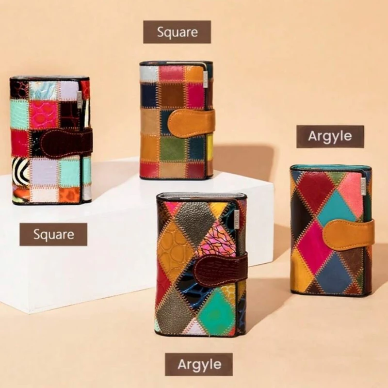Colorful Patchwork Leather Wallet for Women – Multi Card Organizer, Snap Closure Coin Purse & Bifold Wallet