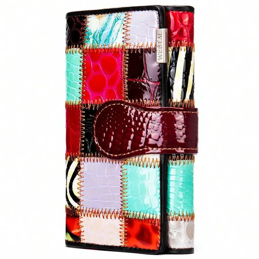 Colorful Patchwork Leather Wallet for Women – Multi Card Organizer, Snap Closure Coin Purse & Bifold Wallet