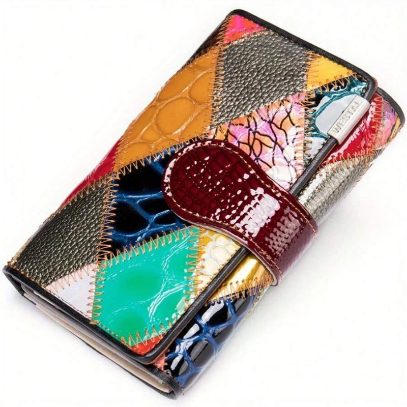 Colorful Patchwork Leather Wallet for Women – Multi Card Organizer, Snap Closure Coin Purse & Bifold Wallet