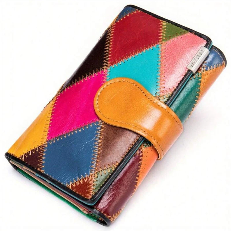 Colorful Patchwork Leather Wallet for Women – Multi Card Organizer, Snap Closure Coin Purse & Bifold Wallet