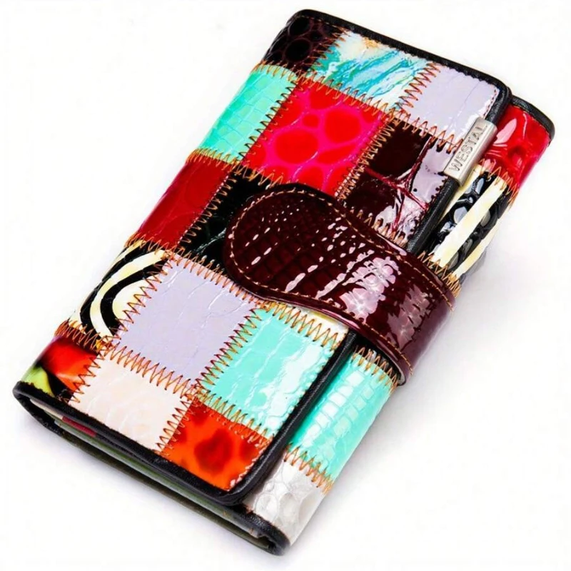 Colorful Patchwork Leather Wallet for Women – Multi Card Organizer, Snap Closure Coin Purse & Bifold Wallet