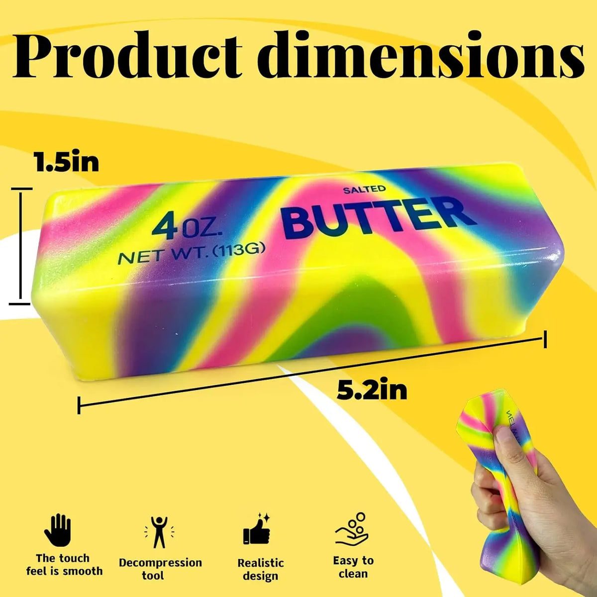 Rainbow butter squishy dimensions: approximately 5.2 by 1.5 inches