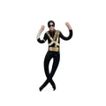 A Michael Jackson dance costume set featuring a black long-sleeve top with gold braided strap details, black pants, black shoes, and black sunglasses, shown on a white background.