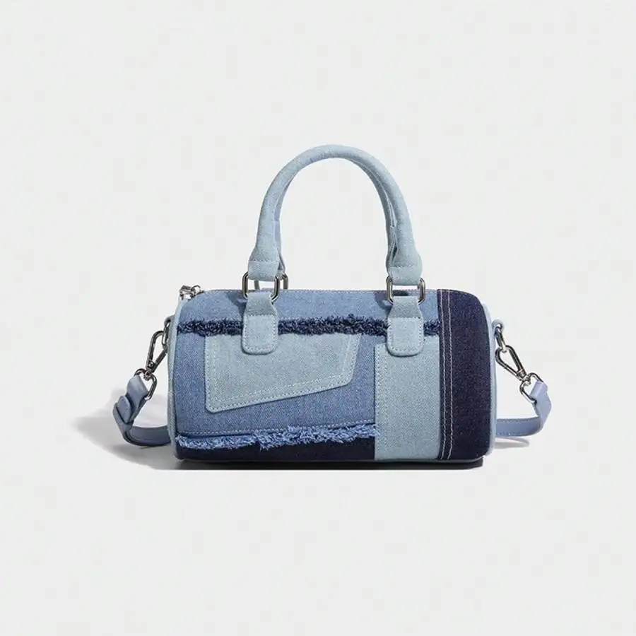 Denim Patchwork Bowling Bag – Retro Shoulder & Crossbody