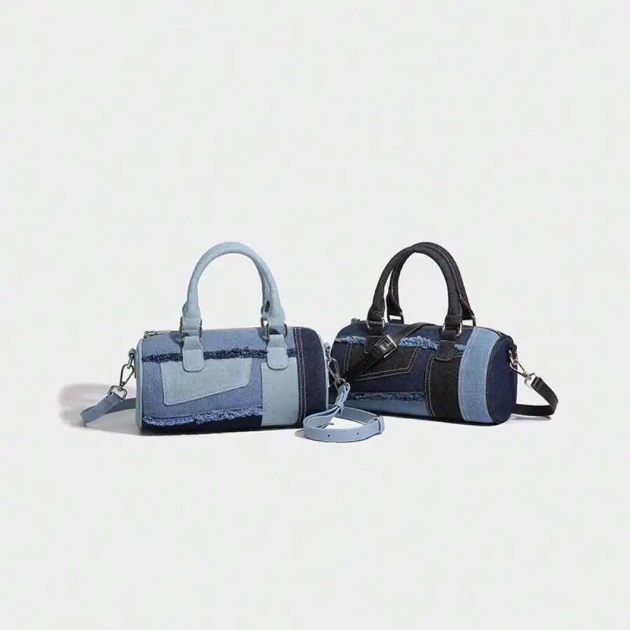 Denim Patchwork Bowling Bag – Retro Shoulder & Crossbody