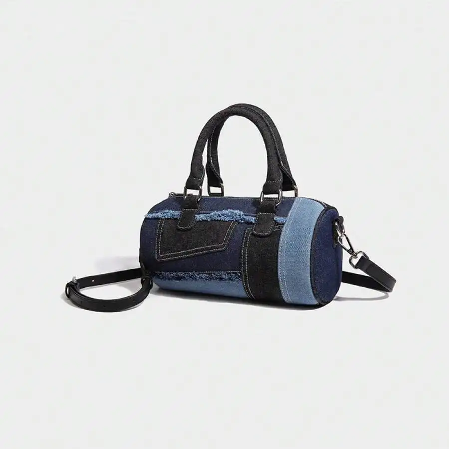 Denim Patchwork Bowling Bag – Retro Shoulder & Crossbody