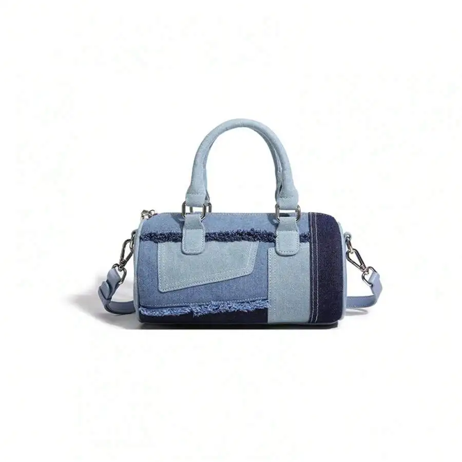 Denim Patchwork Bowling Bag – Retro Shoulder & Crossbody