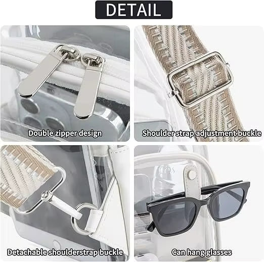 A 2x2 detail collage showing features of a clear handbag: double zipper design, shoulder strap adjustment buckle, detachable shoulder strap buckle, and a glass holder for sunglasses. The bag is transparent with a beige-and-white woven strap and silver-toned hardware.