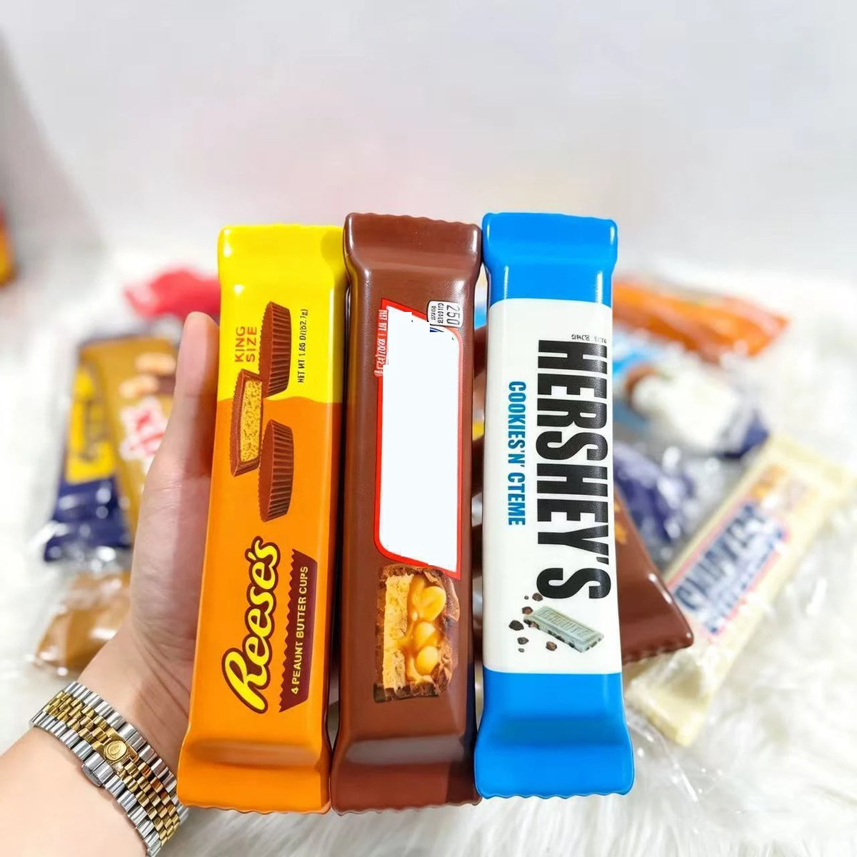 Chocolate bar squishy design examples; selected pack count determines quantity