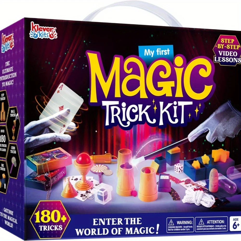 Front of the 180+ Magic Trick Kit box showing included video lessons
