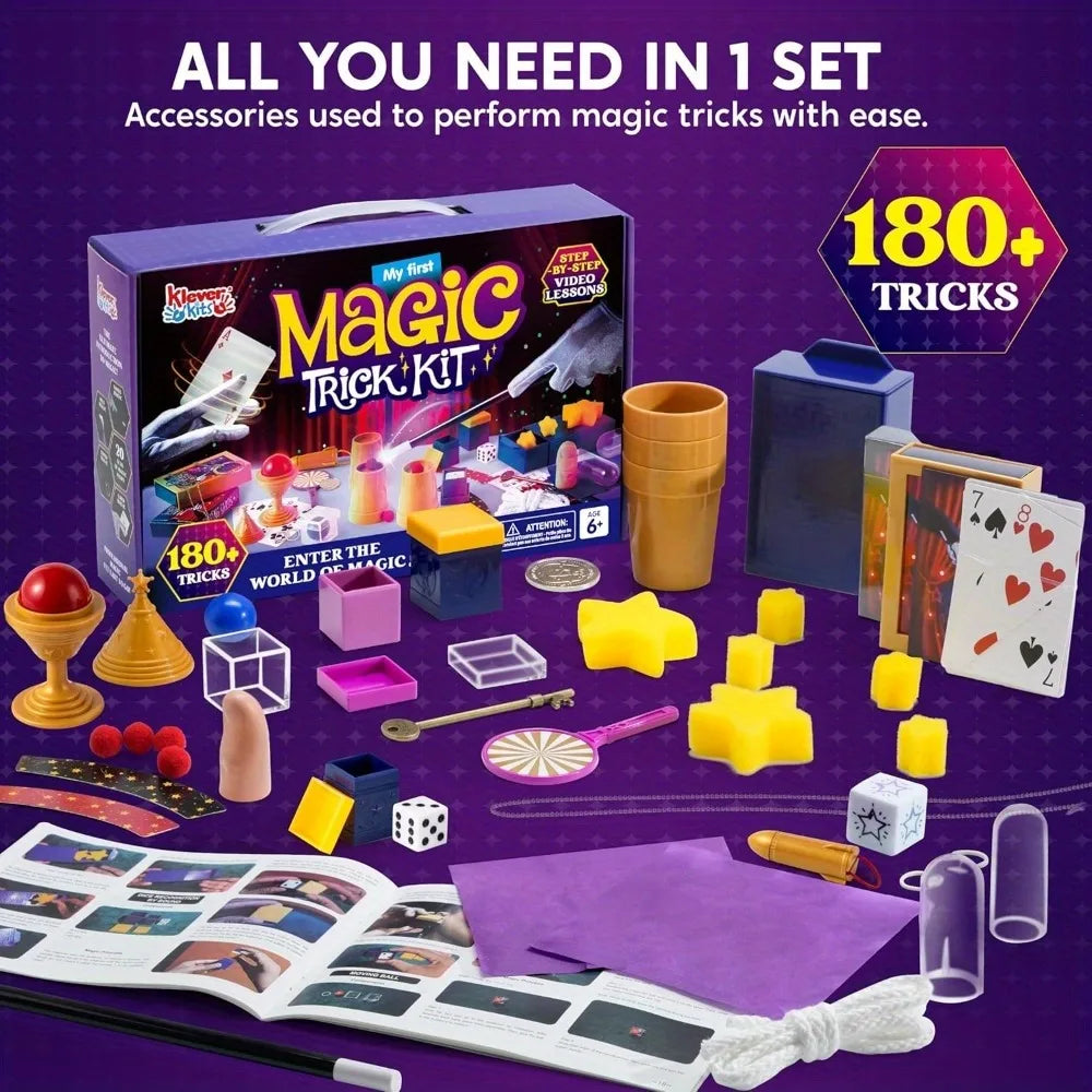 Magic props and instruction booklet arranged beside the Klever Kits box