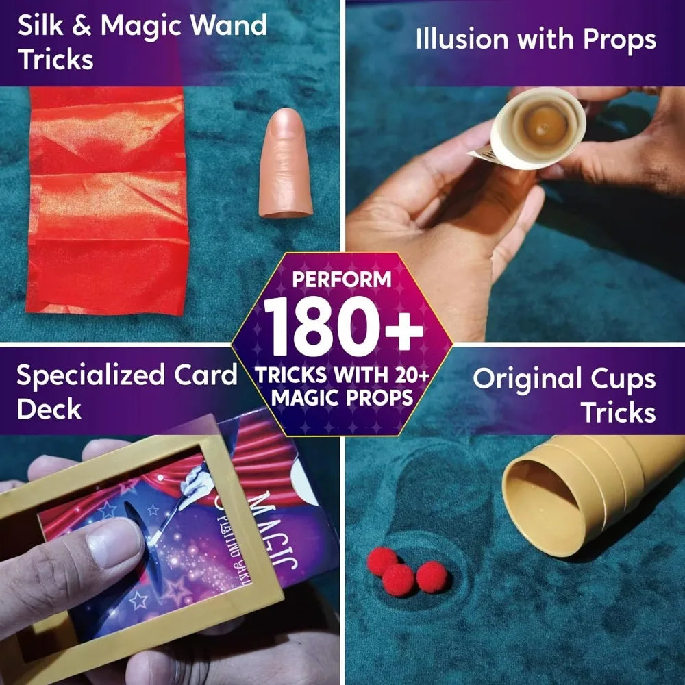 Magic kit demonstrations using a thumb tip, cards, wand and cups