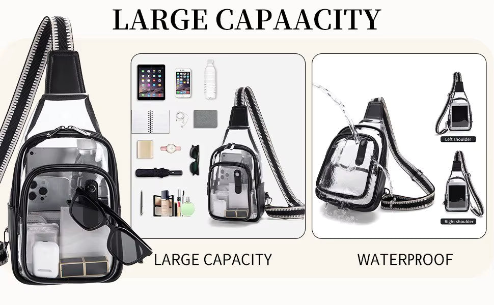 Transparent waterproof crossbody bag with black trim and strap, shown with text reading 'LARGE CAPACITY' and 'WATERPROOF' plus small inset product views and accessories inside the bag.