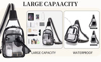 Transparent waterproof crossbody bag with black trim and strap, shown with text reading 'LARGE CAPACITY' and 'WATERPROOF' plus small inset product views and accessories inside the bag.