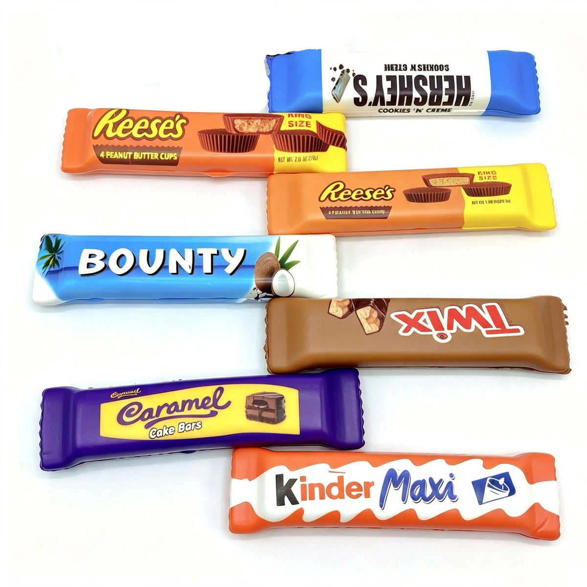 Examples of randomly assorted candy-bar squishy designs