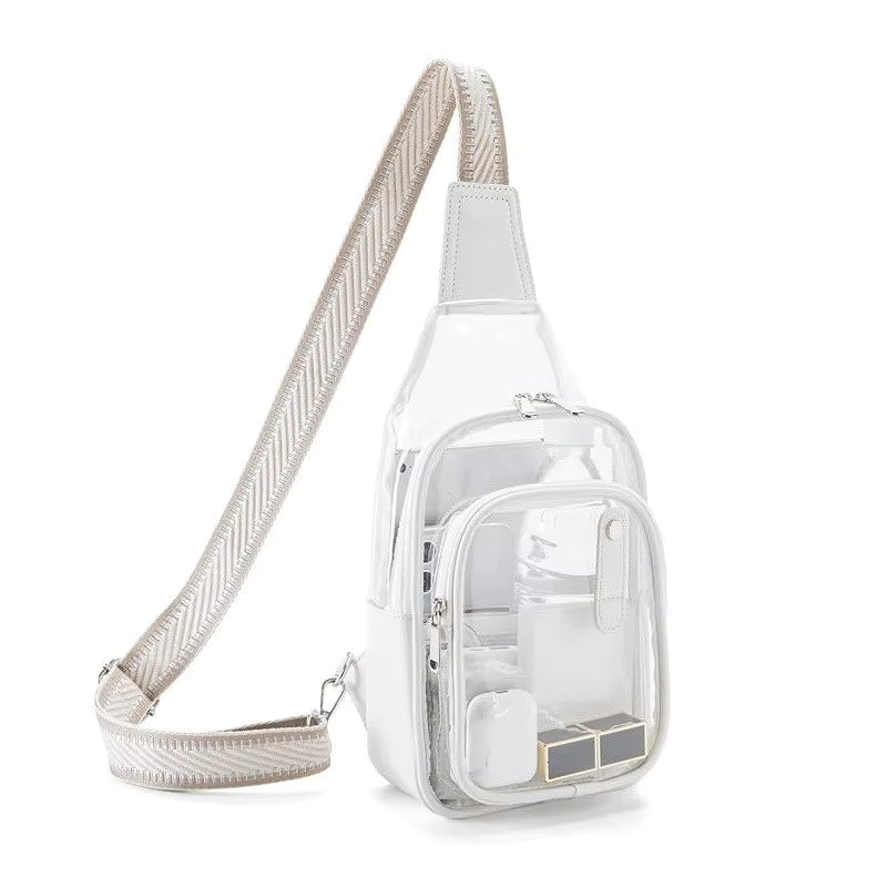 A clear plastic shoulder bag with a white faux-leather trim and a wide, textured beige-and-white herringbone strap, shown on a white background.