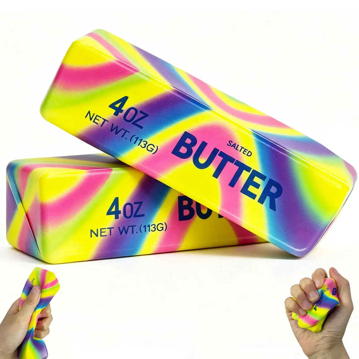 Two rainbow butter squishy toys