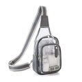 Clear crossbody bag with gray strap on a white background