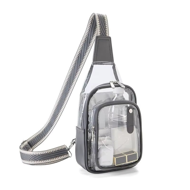 Clear crossbody bag with gray strap on a white background