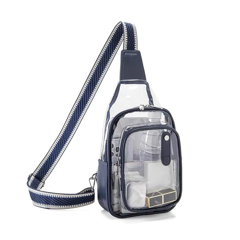 Clear sling bag with navy strap on a white background