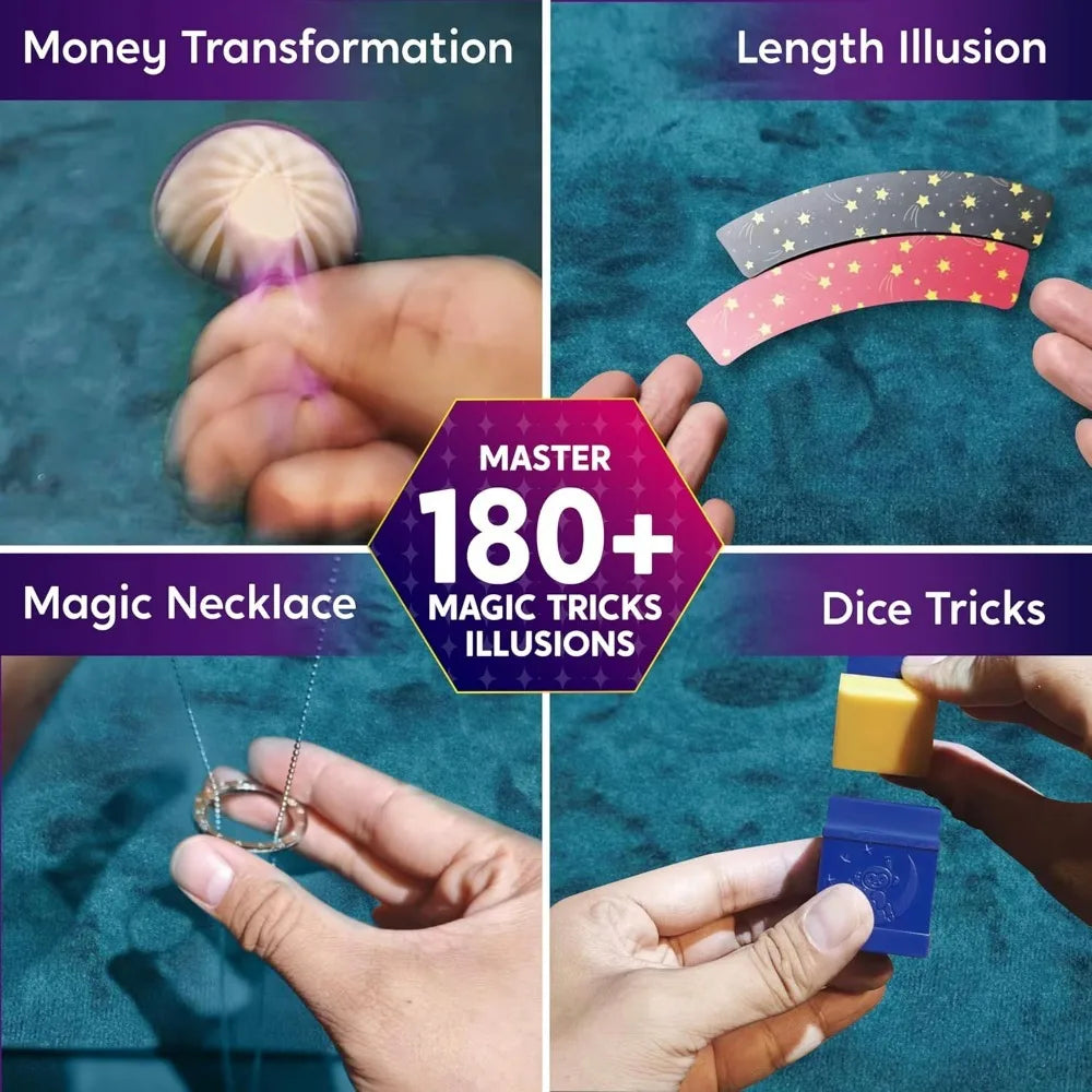 Magic kit demonstrations of money, length, necklace and dice illusions