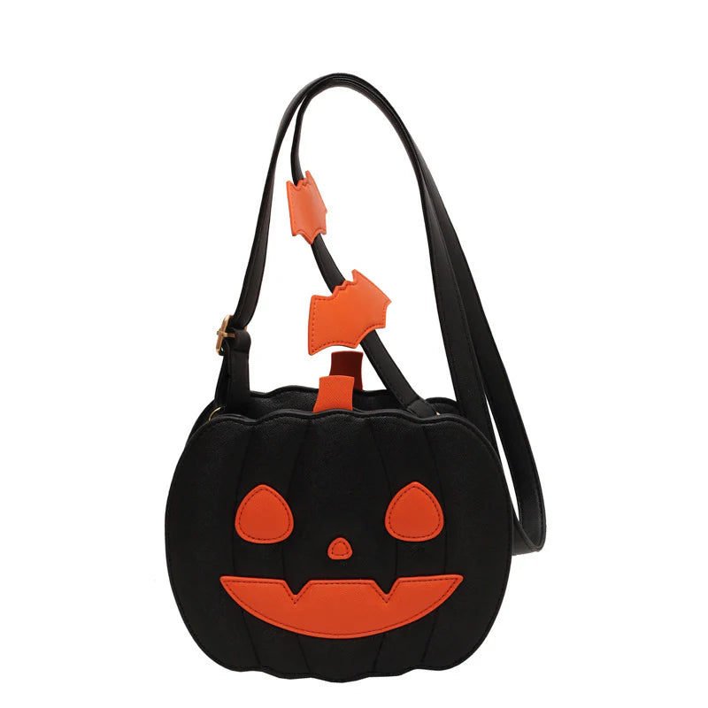 Happy Black pumpkin purse with round eyes and orange face