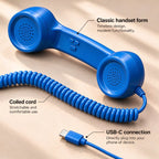 Retro handset details: curved receiver, coiled cord and USB-C plug