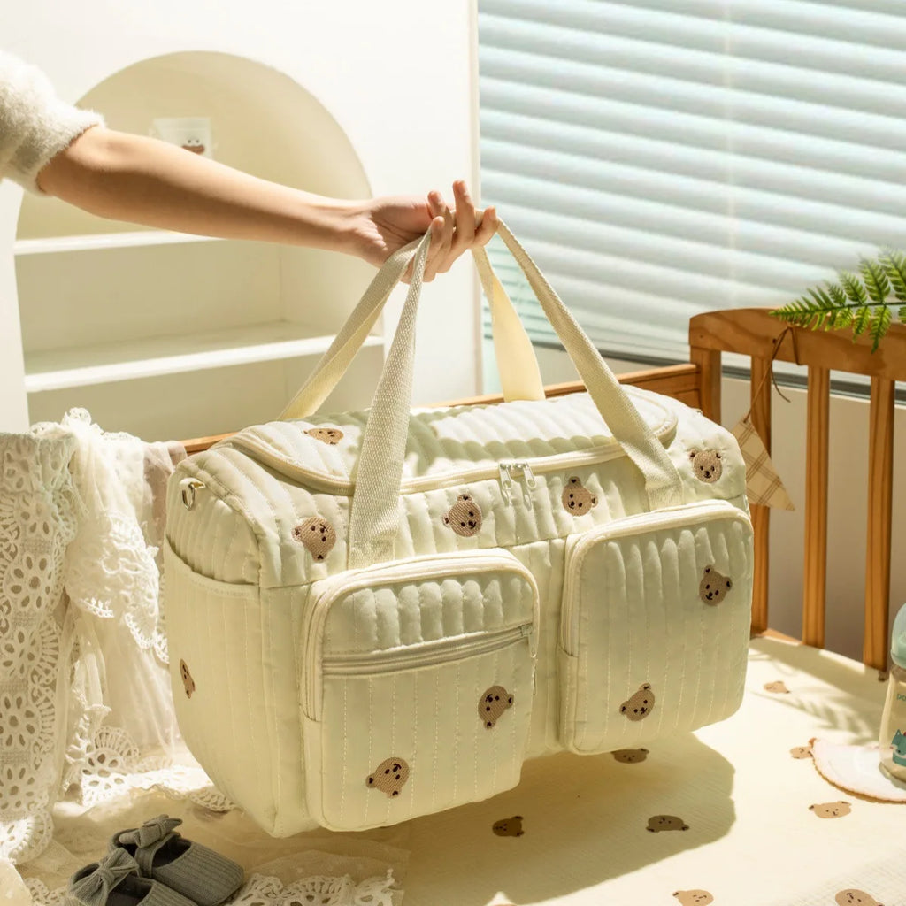Cute Bear Embroidered Diaper Bag – Large Capacity Quilted Baby Travel Tote, Mommy Hospital Bag with Multiple Zipper Pockets