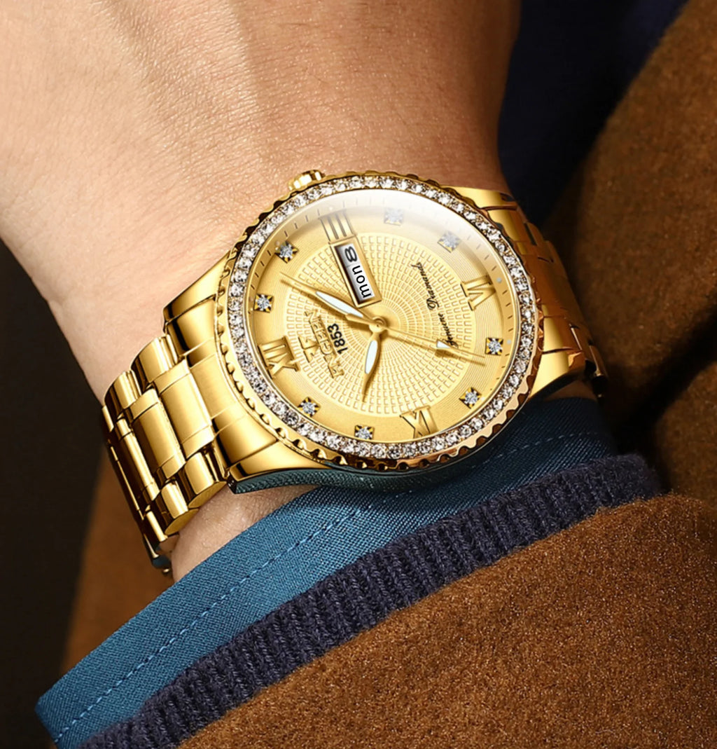 Men’s Luxury Gold Stainless Steel Quartz Watch – Luminous Day Date Dress Watch, Diamond Bezel Look, 41mm Business Casual Wristwatch