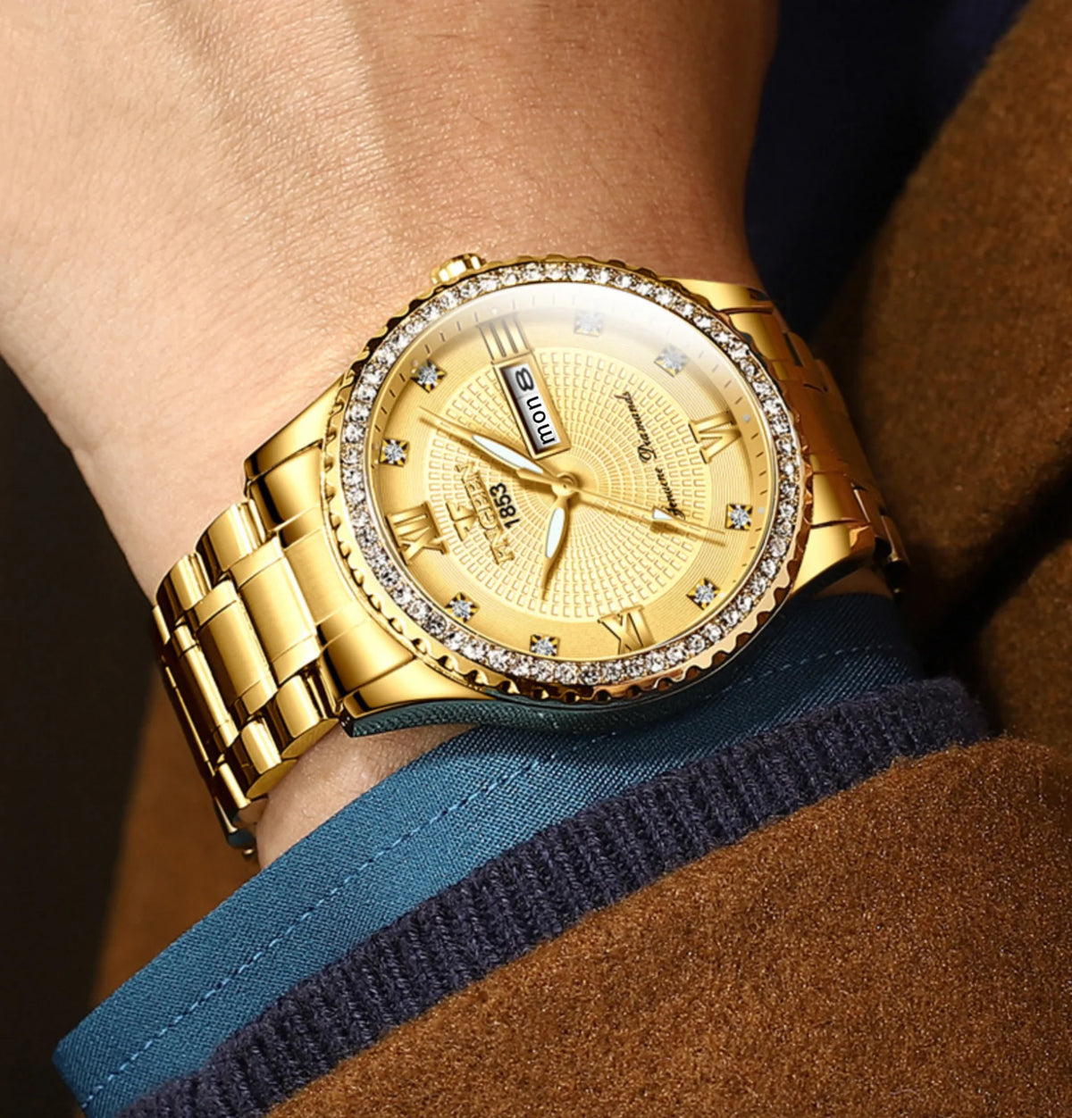 Men’s Luxury Gold Stainless Steel Quartz Watch – Luminous Day Date Dress Watch, Diamond Bezel Look, 41mm Business Casual Wristwatch
