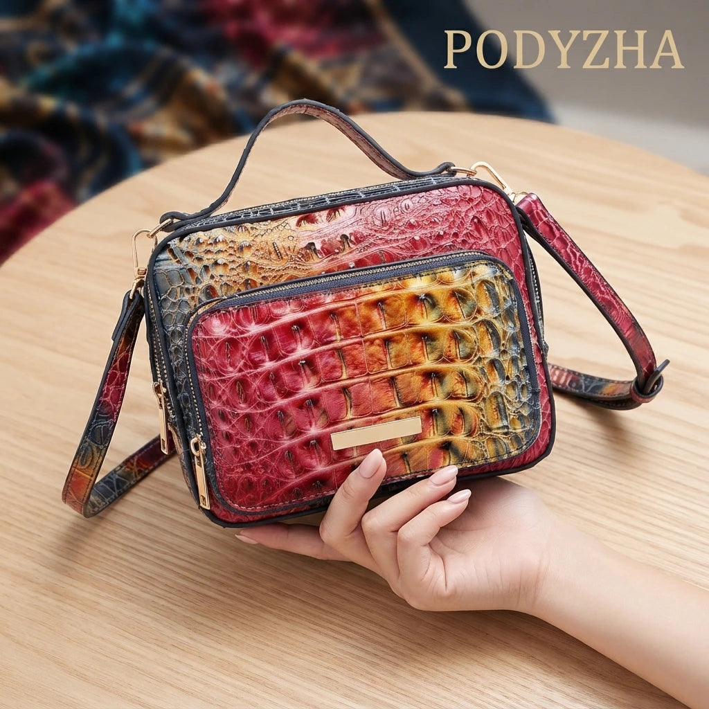 Women’s Crocodile Embossed Satchel Handbag – Structured Top Handle Purse, Glossy Shoulder Bag with Gold Tone Hardware Brahminn Dupe