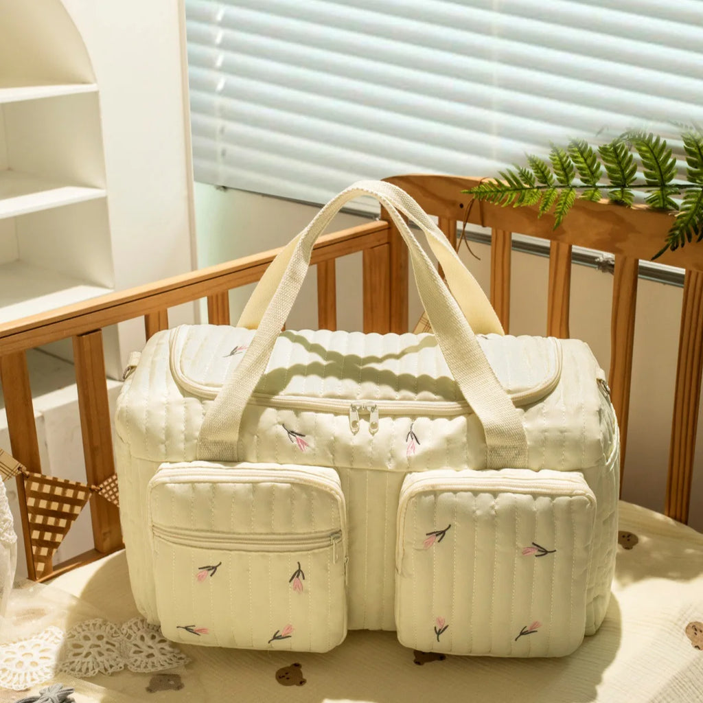 Cute Bear Embroidered Diaper Bag – Large Capacity Quilted Baby Travel Tote, Mommy Hospital Bag with Multiple Zipper Pockets