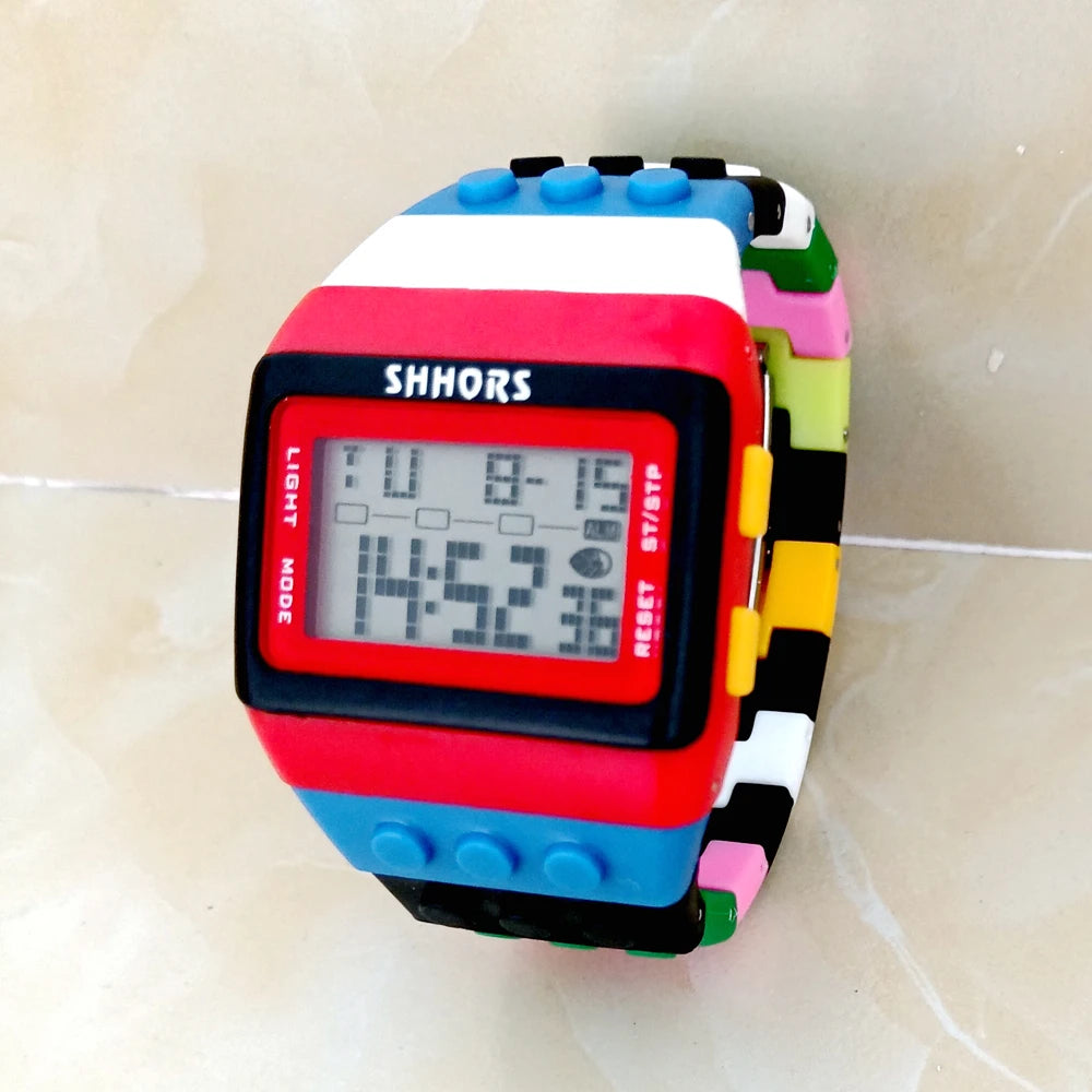 SHHORS Building Blocks Rainbow DIY Digital Electronic Women Mens Students Big Girls Boys Clock Alarm Sports Wrist Watches Gift