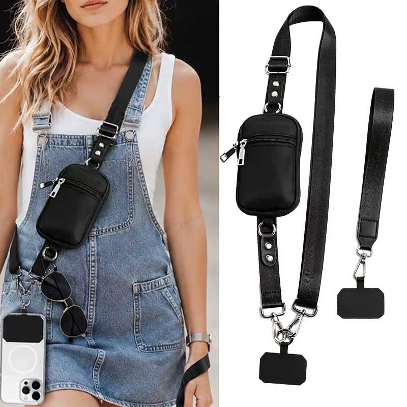 Black crossbody phone strap and zip pouch worn with a smartphone