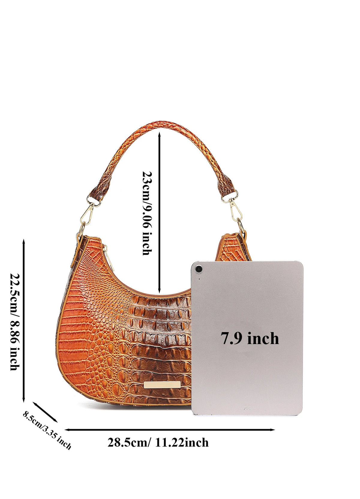 Women’s Ombre Croc Embossed Hobo Bag – Colorful Crescent Shoulder Purse, Glossy Underarm Handbag with Detachable Strap