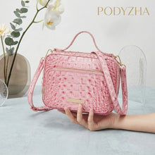 Pink crocodile-embossed structured satchel with gold-tone hardware