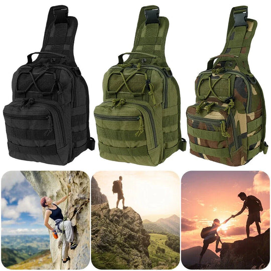 TrailGrid MOLLE tactical sling pack – storage, strap and carry detail