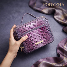 Purple crocodile-embossed structured satchel with gold-tone hardware