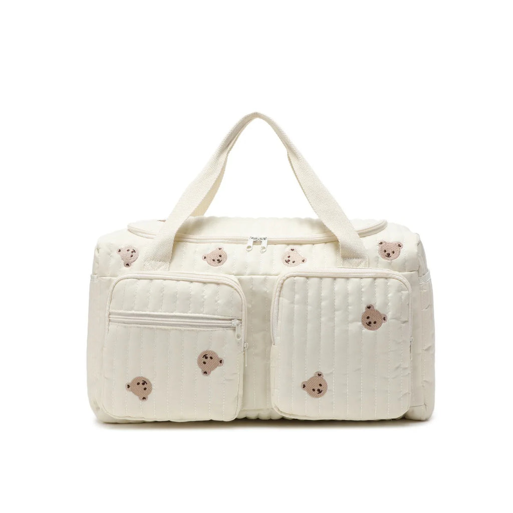 Cute Bear Embroidered Diaper Bag – Large Capacity Quilted Baby Travel Tote, Mommy Hospital Bag with Multiple Zipper Pockets